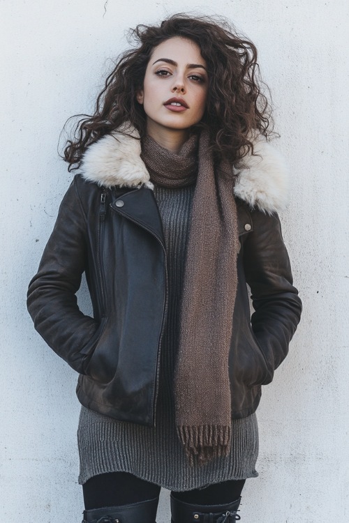 A woman wearing a faux fur-lined leather jacket over a fitted ribbed dress, paired with lace-up boots and a matching scarf 