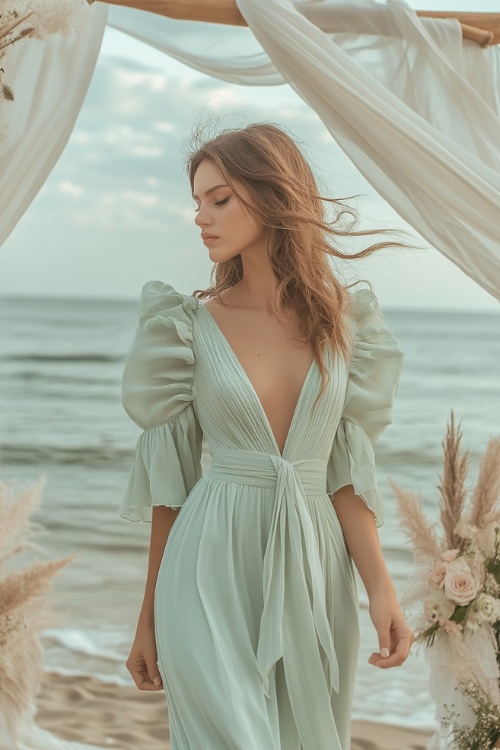 A woman wearing a light sage green wrap dress with flutter sleeves and a ruffled hem, standing near a beach wedding altar decorated with soft white drapes