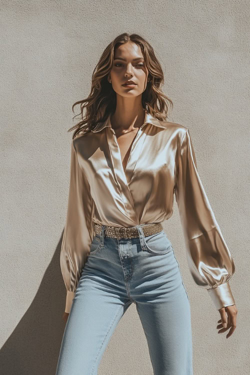 A woman wearing a satin blouse tucked into flared jeans, styled with pointed heels and a statement belt. The background is a neutral wall for a clean look