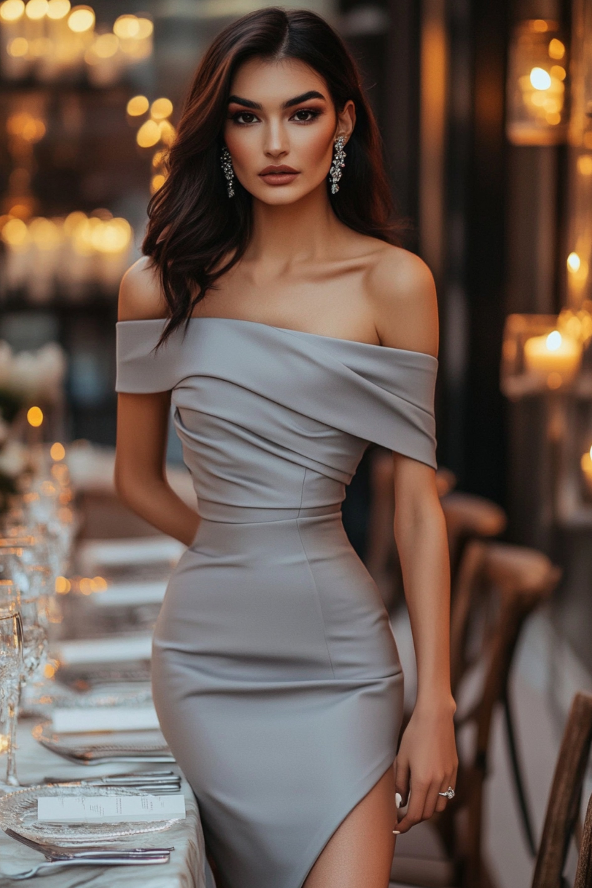 An elegant woman in a sophisticated off-the-shoulder midi dress with a draped bodice and fitted waist, styled with statement earrings and silver heels