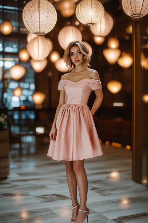 An elegant woman over 40 in a blush pink midi dress with a structured bodice and off-the-shoulder sleeves, styled with delicate accessories and neutral-toned heels