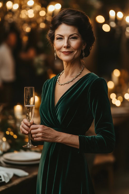 An elegant woman over 40 in a dark green velvet midi dress with long sleeves and a waist tie, holding a champagne flute while standing near a softly lit wedding reception table (2)