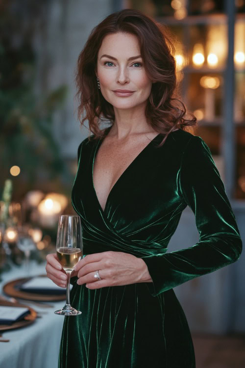 An elegant woman over 40 in a dark green velvet midi dress with long sleeves and a waist tie, holding a champagne flute while standing near a softly lit wedding reception table