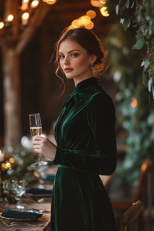 An elegant woman over 40 in a dark green velvet midi dress with long sleeves and a waist tie, holding a champagne flute