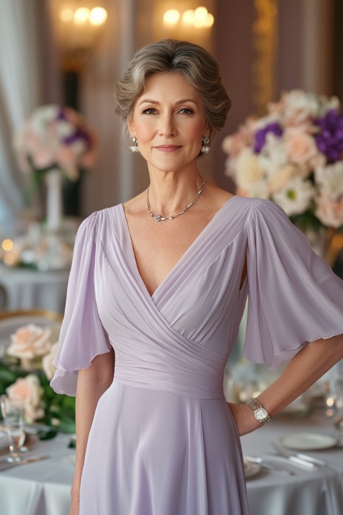 An elegant woman over 40 in a soft lavender chiffon dress with a cinched waist and flutter sleeves, standing near a wedding reception table with elegant floral decor (2)