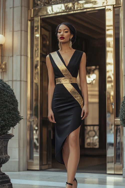 Woman in a black and gold knee-length wrap dress with a deep V-neck, styled with bold statement earrings and sleek heels