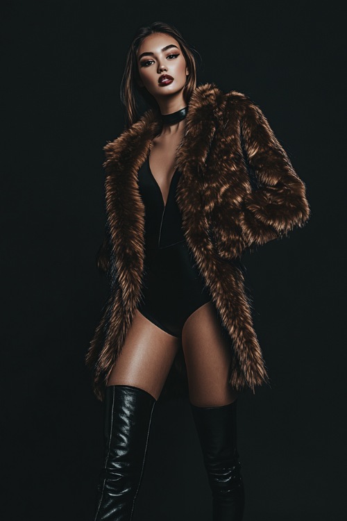 Woman styled in a faux fur jacket draped over a fitted mini dress, paired with thigh-high boots and a sleek ponytail.