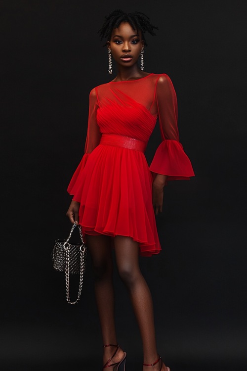 Woman wearing a bold asymmetrical mini dress with sheer sleeves, paired with high-heeled sandals and a chain-link purse.