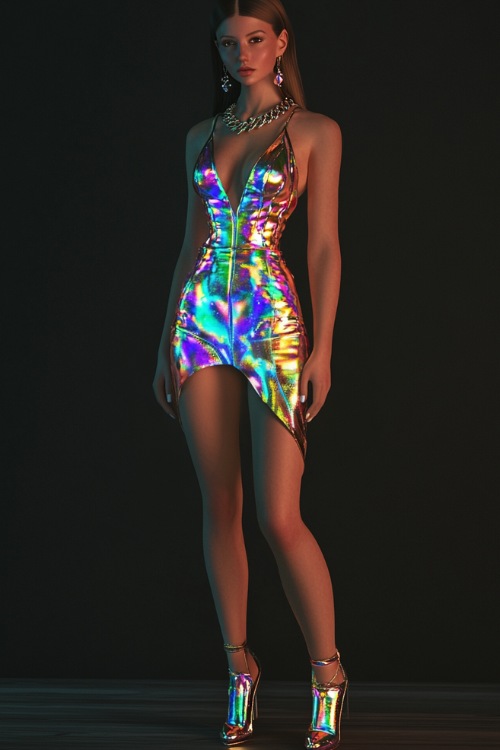 Woman wearing a fitted holographic mini dress with thin spaghetti straps, styled with metallic heels and a bold chain necklace.