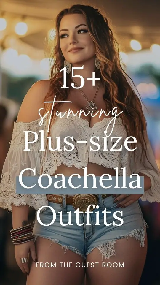 a plus size woman wears a lace blouse and shorts for Coachella festival