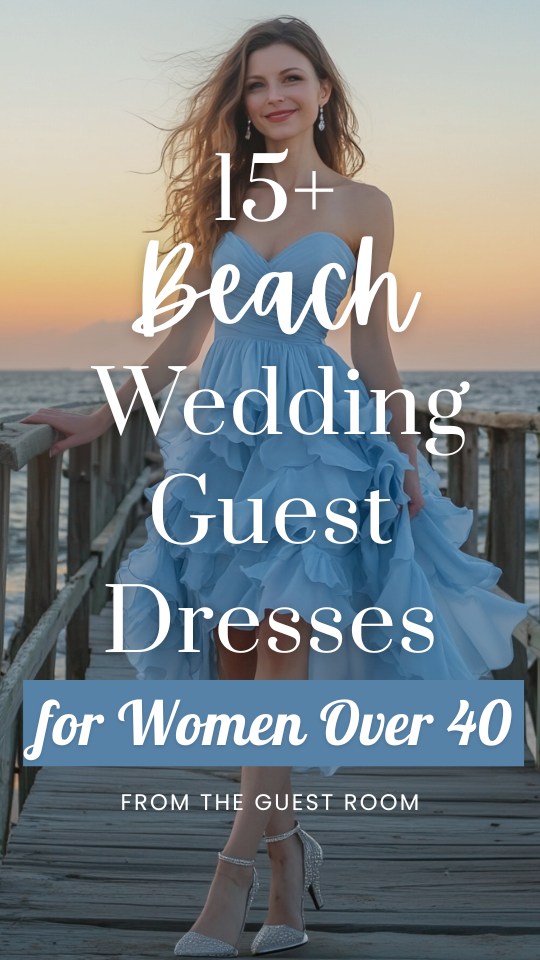 a woman over 40 wears a beach wedding guest dress