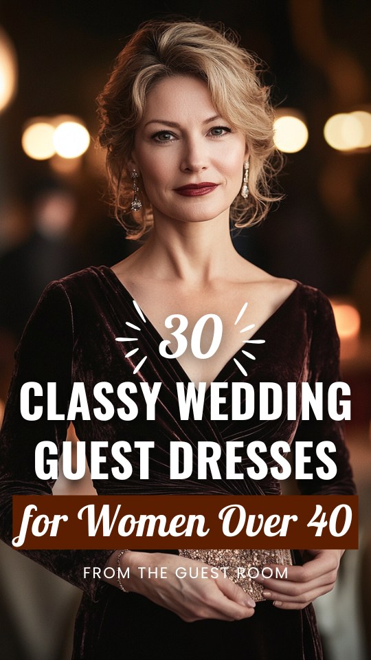 a woman over 40 wears a classy wedding guest dress