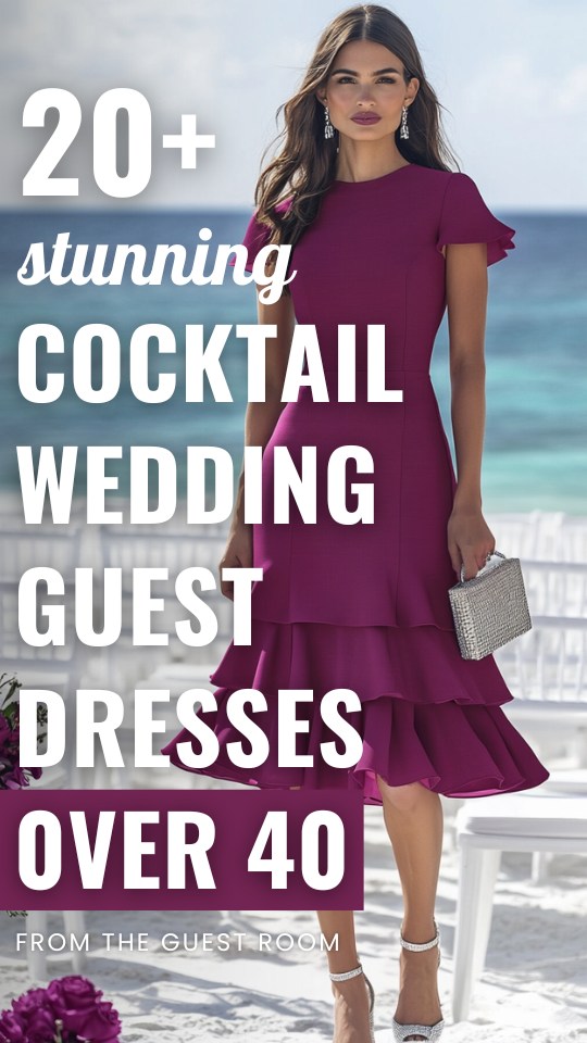 a woman over 40 wears a cocktail wedding guest dress