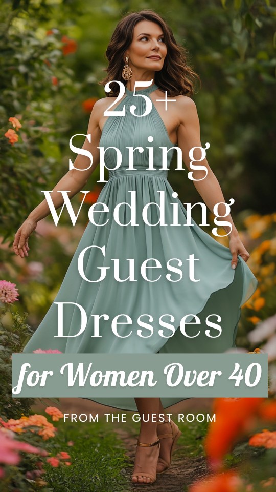 a woman over 40 wears a spring wedding guest dress