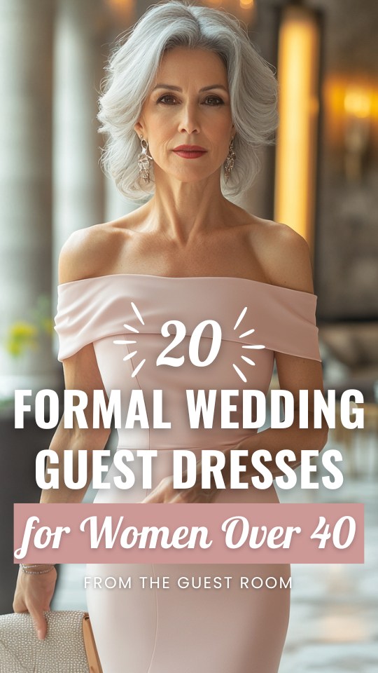 a woman over 40 wears.a formal wedding guest dress