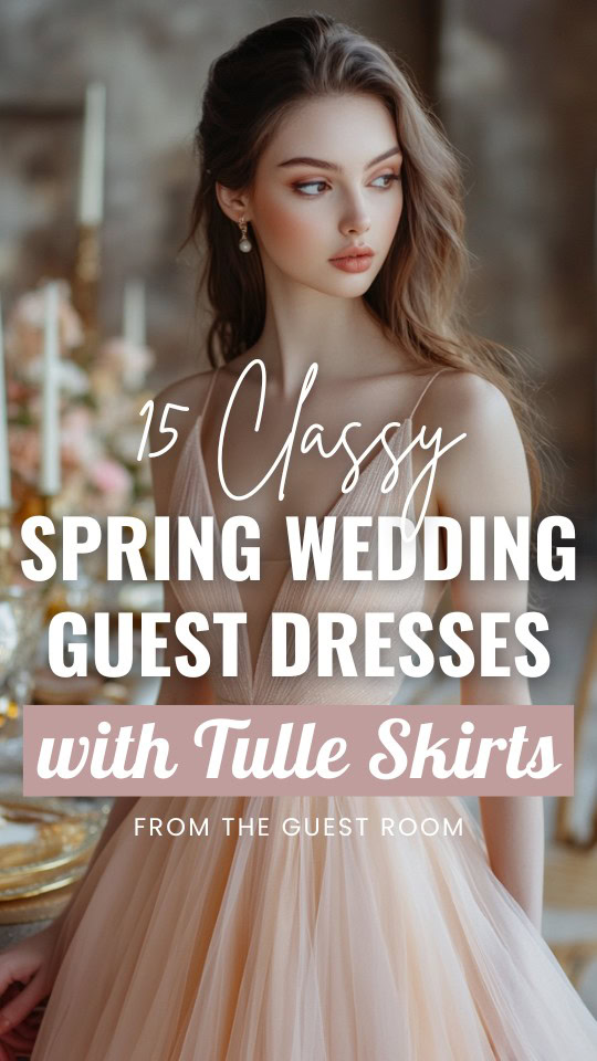 a woman wears a classy wedding guest dress with a tulle skirt for spring