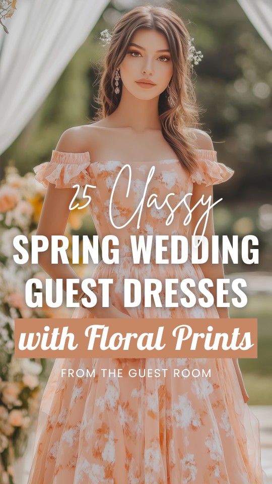 a woman wears a classy wedding guest dress with floral prints for spring