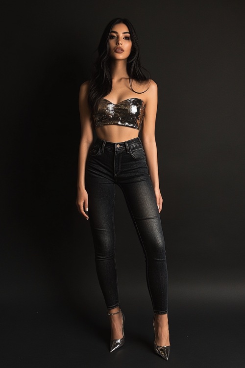 woman wearing a metallic silver crop top tucked into dark-wash skinny jeans, styled with pointed-toe heels and a statement clutch